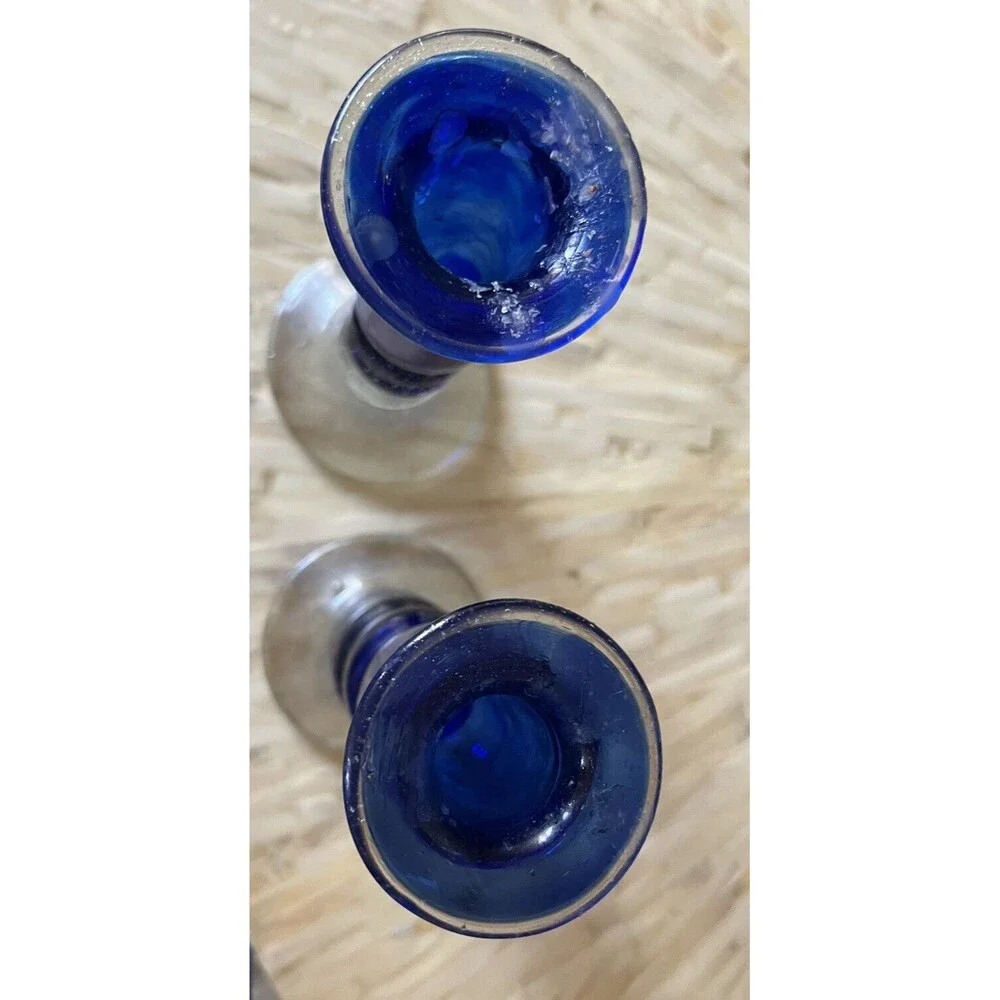 Cobalt Blue Glass‎ Candlestick Holder Vintage Pair 2 Handblown Staircase Candle